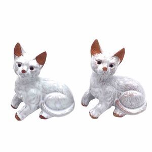 Vintage White Glazed Terra Cotta Cat Figures Figurine Pair / Set / Lot of 2